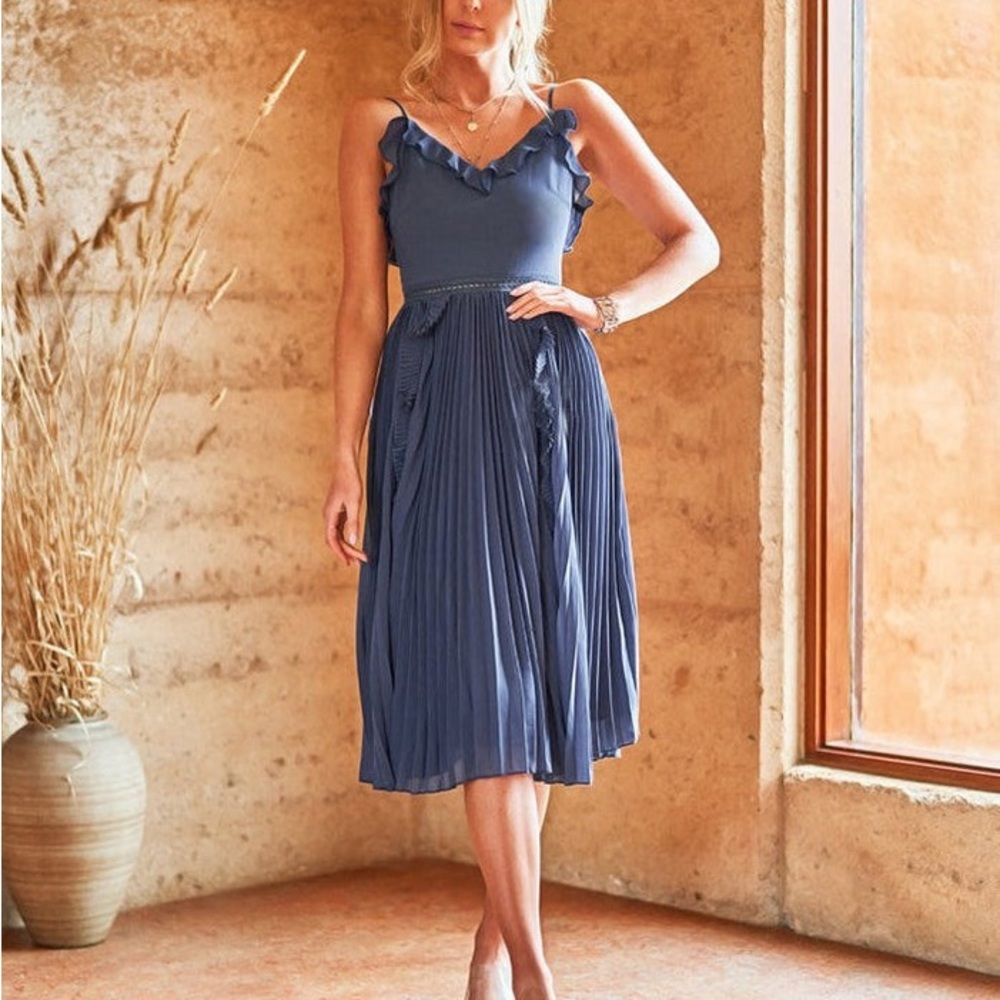 Chic Navy Midi Dress with Ruffle Details